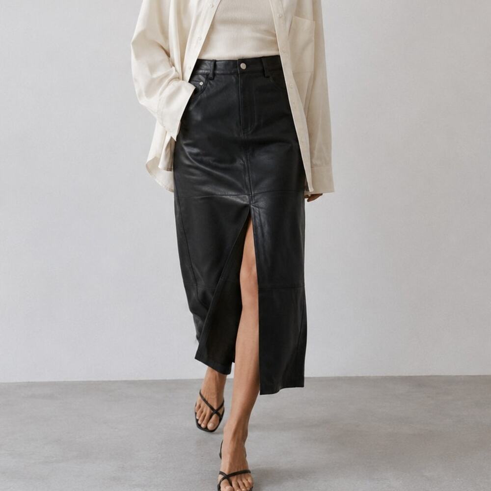 Reformation Veda Tazz Lamb Leather Midi Skirt Womens 6 Black A-line Front Slit